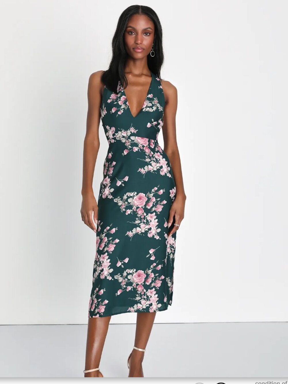 NWT Lulus Sweetest Sense Emerald Green Floral Satin Tie-Back Midi Dress XS